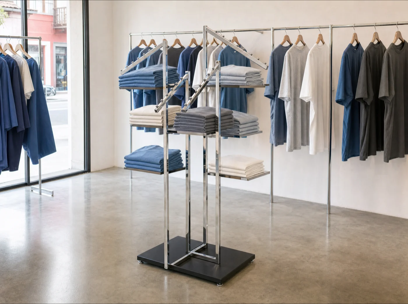 Racks y maniquíes en una boutique equipada por Exhibiciones Roca